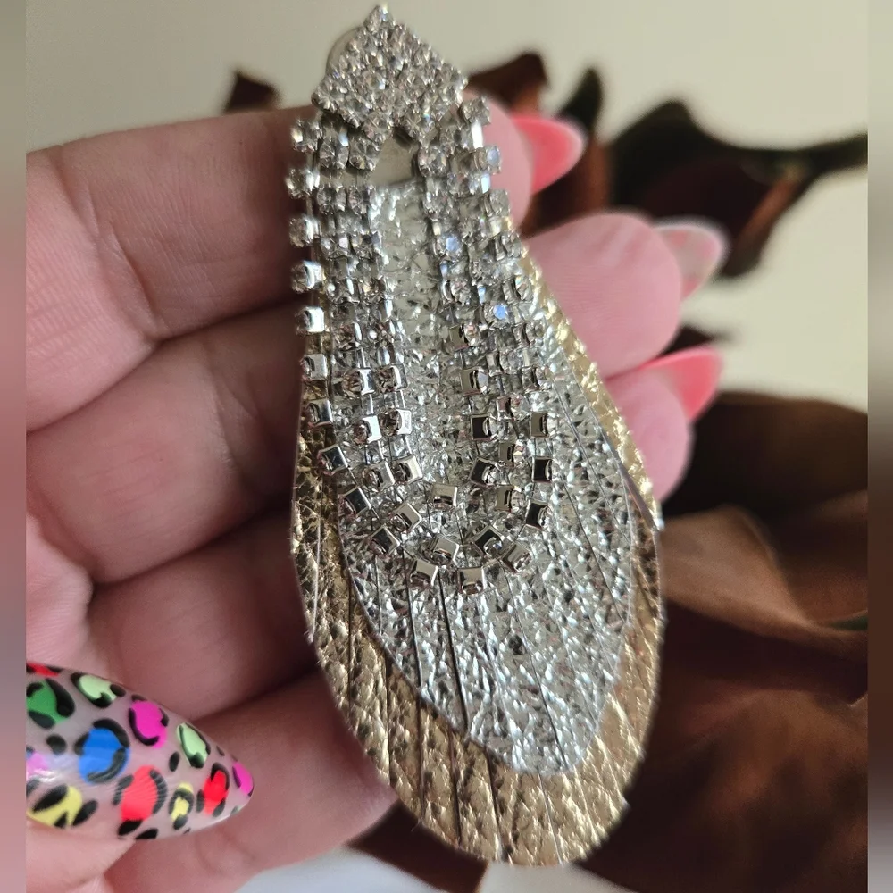 Henri Bendel Lenox Feather Leather Rhinestone Earrings - Picture 2 of 6